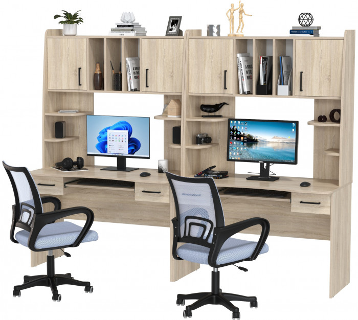 Два стола рабочих 6-0604 Бета + два кресла 103 серых, цвет дуб сонома, ШхГхВ 240х60,5х183,5 см.