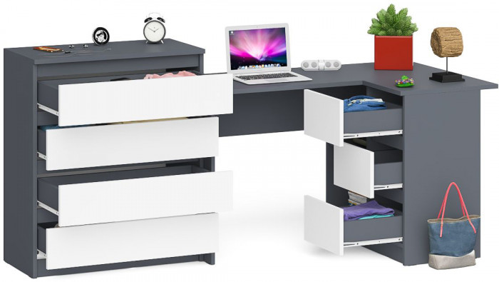 Мори Стол компьютерный МС-16 правый + Комод МК800.4, цвет графит/белый, ШхГхВ 204,8х84,9х94 см., выдвижные ящики справа, НЕ универсальная сборка