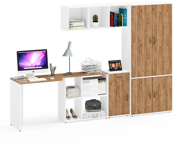 Лидер-8 Стол + Полка + Тумба МД 3.15 + Шкаф МД 20Б, белый шагрень/крафт золото