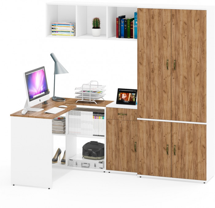 Лидер-8 Стол + Полка + Тумба МД 3.15 + Шкаф МД 20Б, белый шагрень/крафт золото