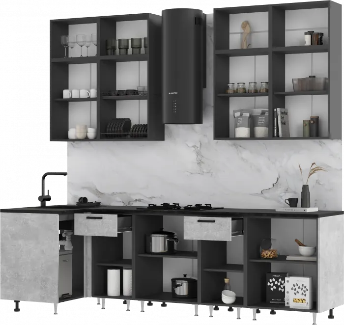 Кухня Рио NEW 1,0х2,6м/1080м (490), Компановка №3, Графит/Бетон светлый