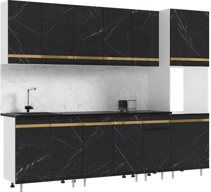 Кухня МДФ Милена 2600 (Белый, Мрамор блэк софт, Антарес)