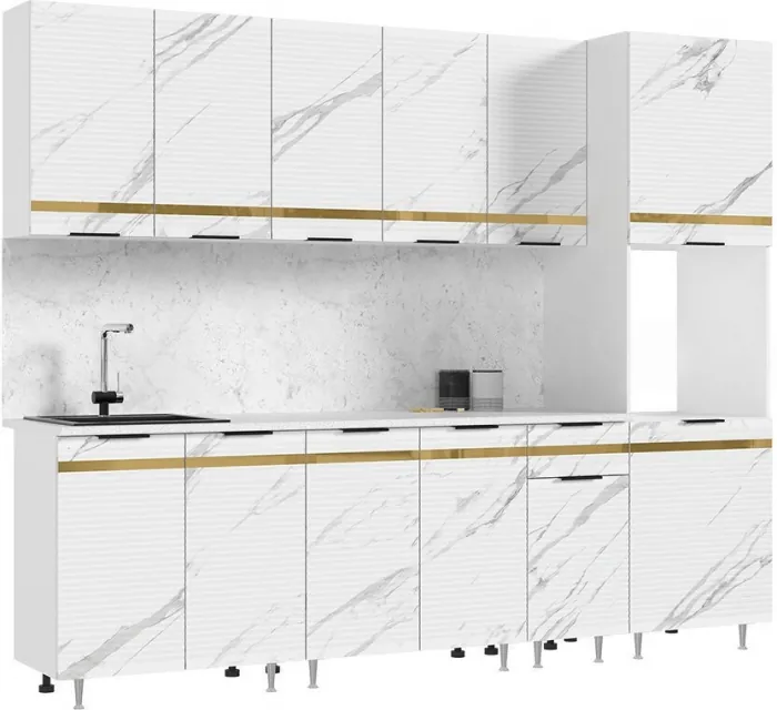 Кухня МДФ Милена 2600 (Белый, Мрамор блэк софт, Антарес)