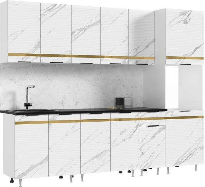 Кухня МДФ Милена 2600 (Белый, Мрамор блэк софт, Антарес)