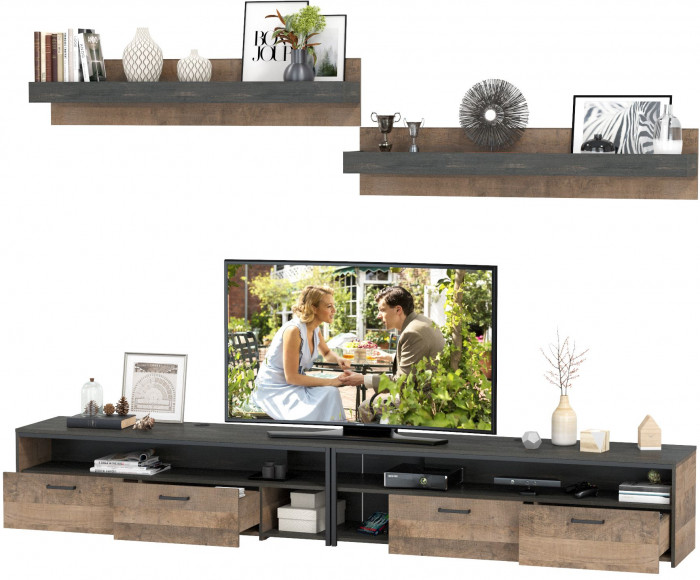 Трувор 13.70 Тумба под ТВ + 13.70 Тумба под ТВ + 15.60 Полка + 15.60 Полка, цвет дуб гранж песочный/интра, ШхГхВ 299,6х45,4х195 см., универс. сборка