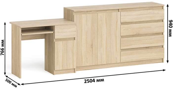 Мори Стол компьютерный МС-1 правый + Комод МК1600.1, цвет дуб сонома, ШхГхВ 250,4х50х94 см., выдвижной ящик справа, НЕ универсальная сборка