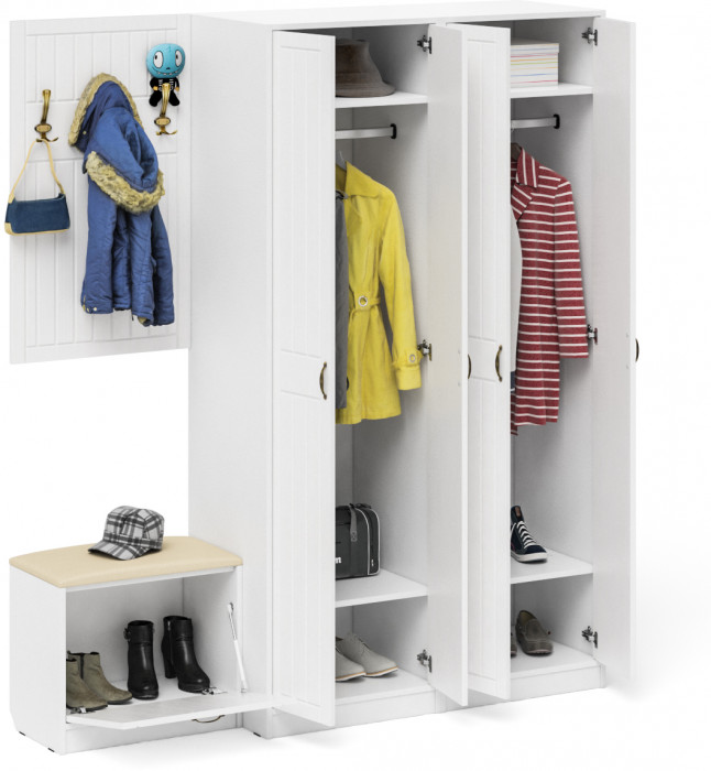 Прихожая П-6 Компоновка № 09, цвет белая шагрень/фасады МДФ белое дерево фрезеровка прованс, ШхГхВ 180х50х210 см., универсальная сборка