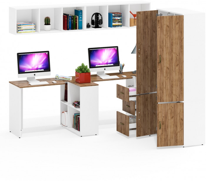 Лидер-8 Стол + Полка + Стол + Полка + Шкаф МД 20Б + Тумба МД 3.16, цвет белый шагрень/крафт золото, 450х50х75/190 или 230х200/50х75/190, НЕ ун. сб.