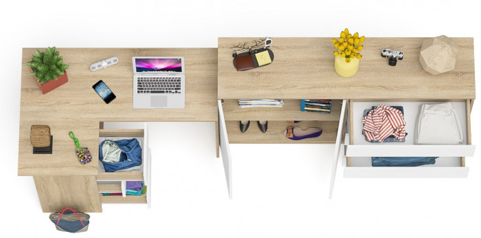 Мори Стол компьютерный МС-16 левый + Комод МК1600.1, цвет дуб сонома/белый, ШхГхВ 284,8х84,9х94 см., выдвижные ящики слев, НЕ универсальная сборкаа