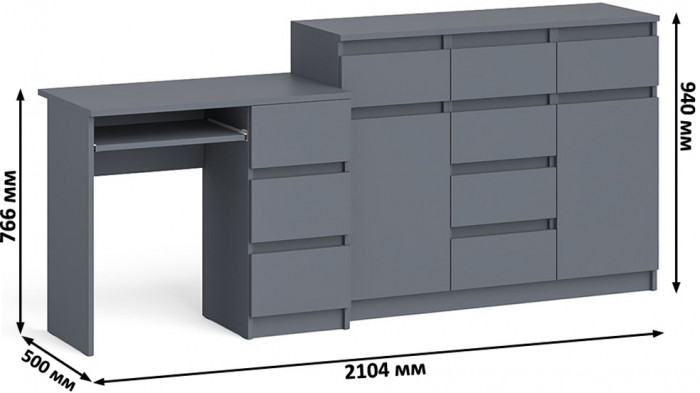 Мори Стол компьютерный МС-6 правый + Комод МК1200.4, цвет графит, ШхГхВ 210,4х50х94 см., выдвижные ящики справа, НЕ универсальная сборка