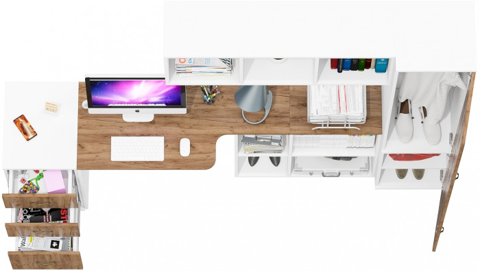 Лидер-8 Стол + Полка + Тумба МД 3.16 + Пенал МД 21Б, белый шагрень/крафт золото