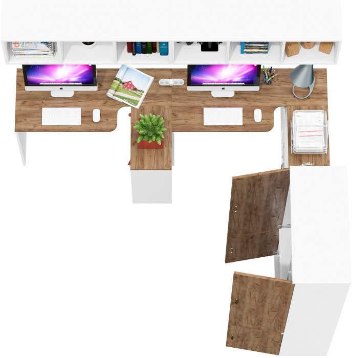 Лидер-8 Стол + Полка + Стол + Полка + Шкаф МД 20Б + Тумба МД 3.19, цвет белый шагрень/крафт золото, 450х50х75/190 или 230х200/50х75/190, НЕ ун. сб.