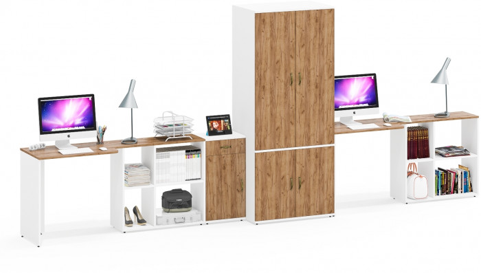 Лидер-8 Стол + Стол + Шкаф МД 19Б + Тумба МД 3.15, цвет белый шагрень/крафт золото, ШхГхВ 450х50х75/190 или 230х200/50х75/190 см., НЕ ун. сб.