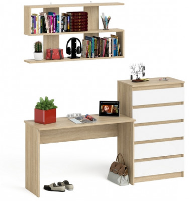 Мори Стол письменный МСП1200.1 + Комод МК700.5 + Полка 1200, цвет дуб сонома/белый, ШхГхВ 190,8х50х209,6 см., универсальная сборка
