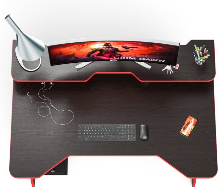 Стол компьютерный с надстройкой С-МД-СК5-1400Н, цвет венге/кромка красная, ШхГхВ 140х90х91(75) см. (Стол для геймера Краб-5 с надстройкой)