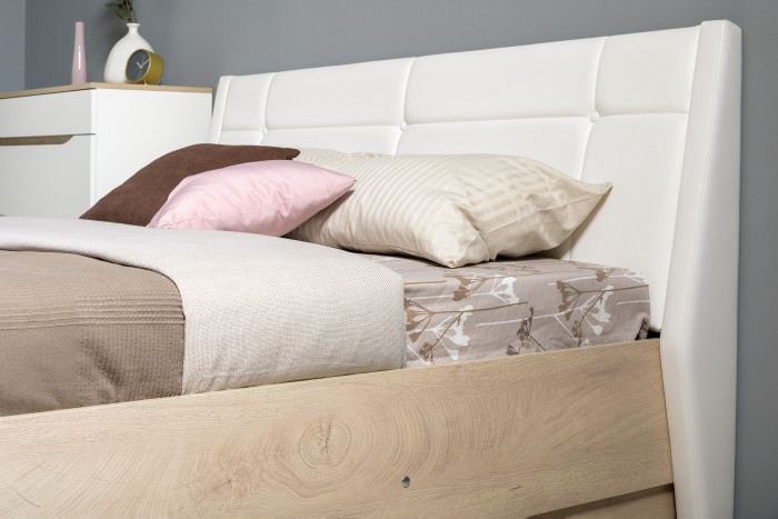 Муссон Кровать 11.28 + подъёмный ортопед + Тумба 16.03 + Тумба ТВ 13.276, цвет белый/чёрный/дуб эндгрейн элегантный/кожзам белый, 1600х2000 мм., б/м