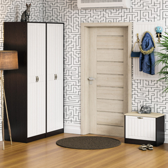 Прихожая П-6 Компоновка № 09, цвет венге/фасады МДФ белое дерево фрезеровка прованс, ШхГхВ 180х50х210 см., универсальная сборка