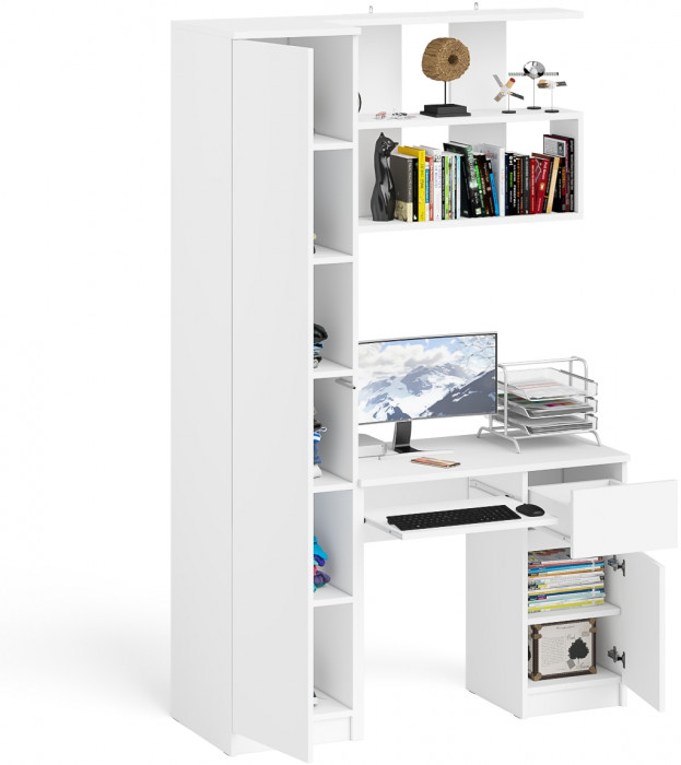 Мори Стол компьютерный МС-1 правый + Пенал МШ400.1 + Полка 900, цвет белый, ШхГхВ 130,4х50,4х209,6 см., НЕ универсальная сборка