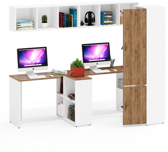 Лидер-8 Стол + Полка + Стол + Полка + Пенал МД 21Б, белый шагрень/крафт золото