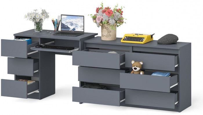Мори Стол компьютерный МС-6 левый + Комод МК1200.6, цвет графит, ШхГхВ 210,4х50х76,6 см., выдвижные ящики слева, НЕ универсальная сборка