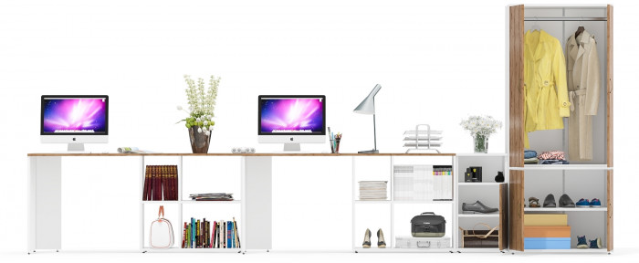 Лидер-8 Стол + Стол + Шкаф МД 19Б + Тумба МД 3.19, цвет белый шагрень/крафт золото, ШхГхВ 450х50х75/190 или 230х200/50х75/190 см., НЕ ун. сб.