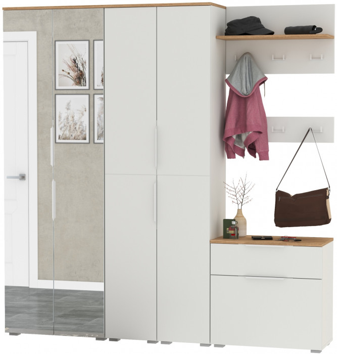 Октава Прихожая 31, цвет белый шагрень/дуб крафт золотой/фасады МДФ белый шагрень, ШхГхВ 193,7х35,4х197,6 см., универсальная сборка