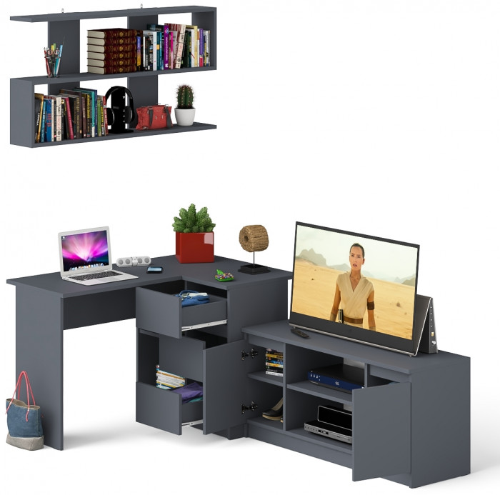 Мори компьютерный стол МС-16 правый + Тумба МТВ1200.1 + Полка 1200, графит