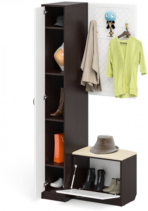 Прихожая П-6 Компоновка № 41, цвет венге/фасады МДФ белое дерево фрезеровка ромб, ШхГхВ 90х50х210 см., универсальная сборка