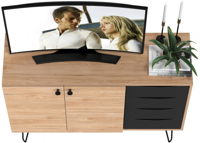 Брюс Комод-тумба 16.233, цвет чёрный/Battle rock Santiago, ШхГхВ 113,4х38,3х85,6 см., универсальная сборка, две дверки и четыре выдвижных ящика