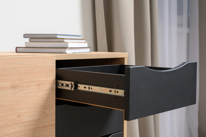 Брюс Комод-тумба 16.233, цвет чёрный/Battle rock Santiago, ШхГхВ 113,4х38,3х85,6 см., универсальная сборка, две дверки и четыре выдвижных ящика