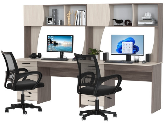 Два стола рабочих 6-0606 Сигма + два кресла 103 чёрных, цвет бодега тёмный/бодега светлый, ШхГхВ 241х60,5х166 см., НЕ универсальная сборка