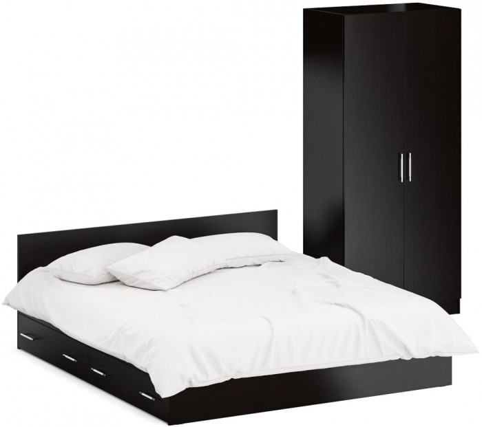 Кровать с ящиками 1800 + Шкаф 2-х створчатый Стандарт, цвет венге, ШхГхВ 183,5х203,5х70 + 90х52х200 см., сп.м. 1800х2000 мм., б/м, основание есть