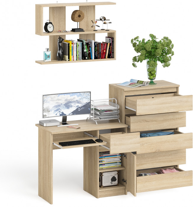 Мори Стол компьютерный МС-1 правый + Комод МК700.5 + Полка 900, цвет дуб сонома, ШхГхВ 160,4х50х209,6 см., НЕ универсальная сборка