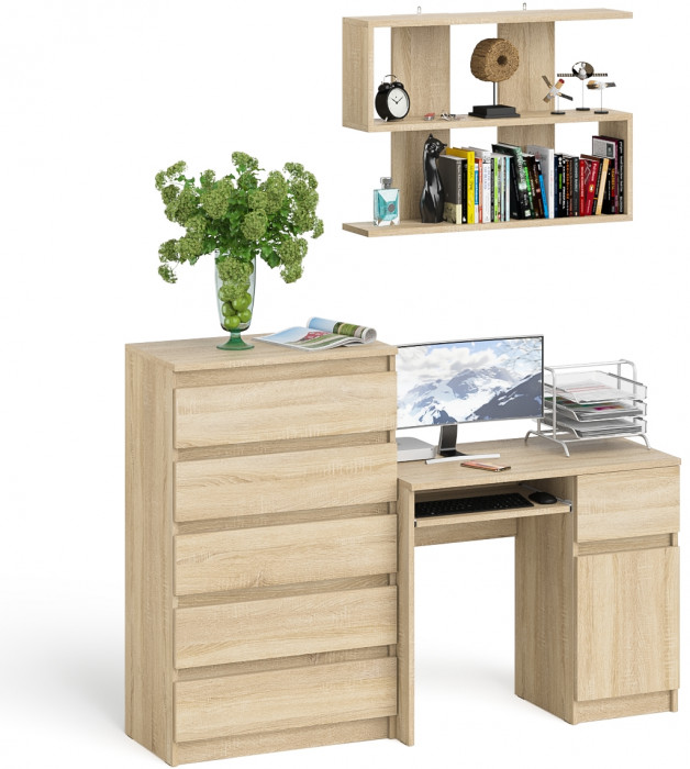 Мори Стол компьютерный МС-1 правый + Комод МК700.5 + Полка 900, цвет дуб сонома, ШхГхВ 160,4х50х209,6 см., НЕ универсальная сборка
