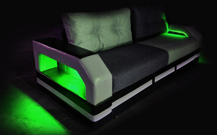 Диван еврокнижка Манчестер с подсветкой,  160 рогожка серая/экокожа черная