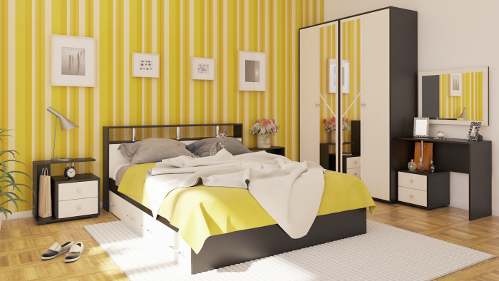 Камелия спальня № 9 Кровать с ящиками 1600 + Две тумбы + Стол космет. + Зеркало + Шкаф 4-х, венге/дуб лоредо