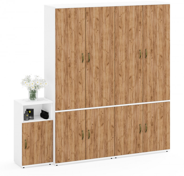 Лидер-8 Шкаф МД 20Б + Шкаф МД 20Б + Тумба МД 3.19, цвет белый шагрень/крафт золото, ШхГхВ 200х37,5х190 см., НЕ универсальная сборка