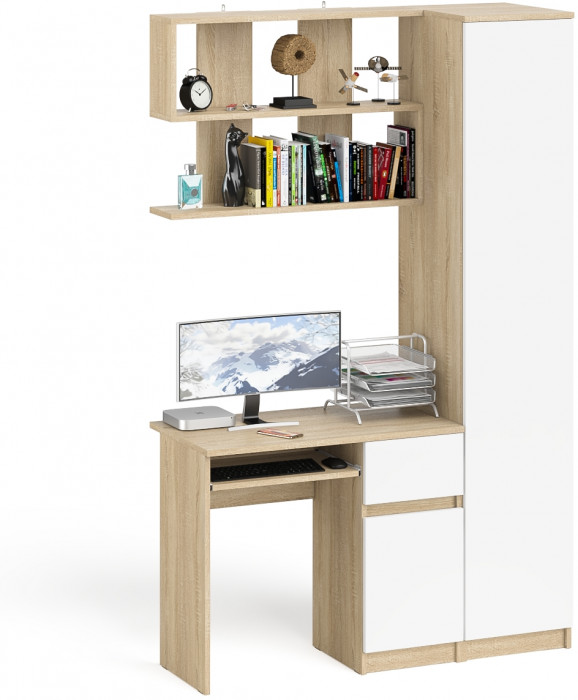 Мори Стол компьютерный МС-1 правый + Пенал МШ400.1 + Полка 900, цвет дуб сонома/белый, ШхГхВ 130,4х50,4х209,6 см., НЕ универсальная сборка
