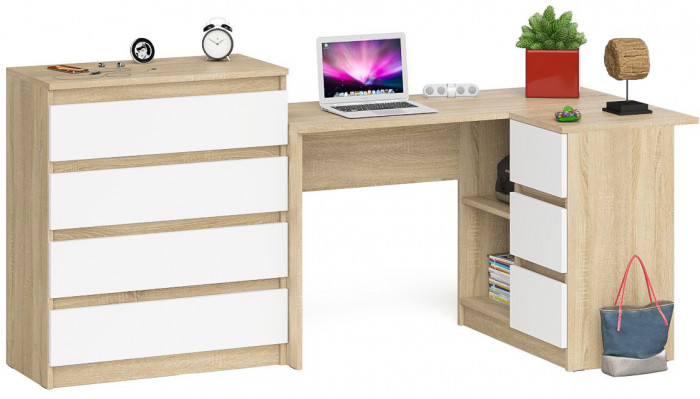 Мори Стол компьютерный МС-16 правый + Комод МК800.4, цвет дуб сонома/белый, ШхГхВ 204,8х84,9х94 см., выдвижные ящики справа, НЕ универс. сборка