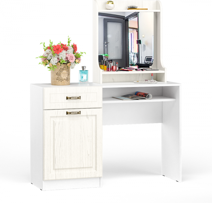 Ливерпуль Стол туалетный 12.46 + Полка 10.118, цвет ясень ваниль/белый, ШхГхВ 119,8х41,3х152,3 см., НЕ универсальная сборка