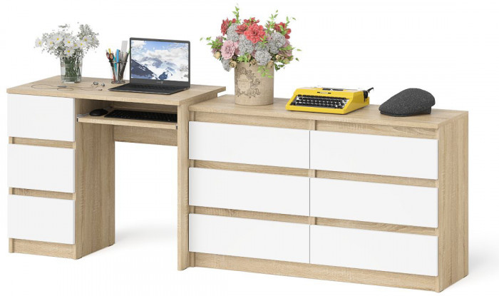 Мори Стол компьютерный МС-6 левый + Комод МК1200.6, цвет дуб сонома/белый, ШхГхВ 210,4х50х76,6 см., выдвижные ящики слева, НЕ универсальная сборка