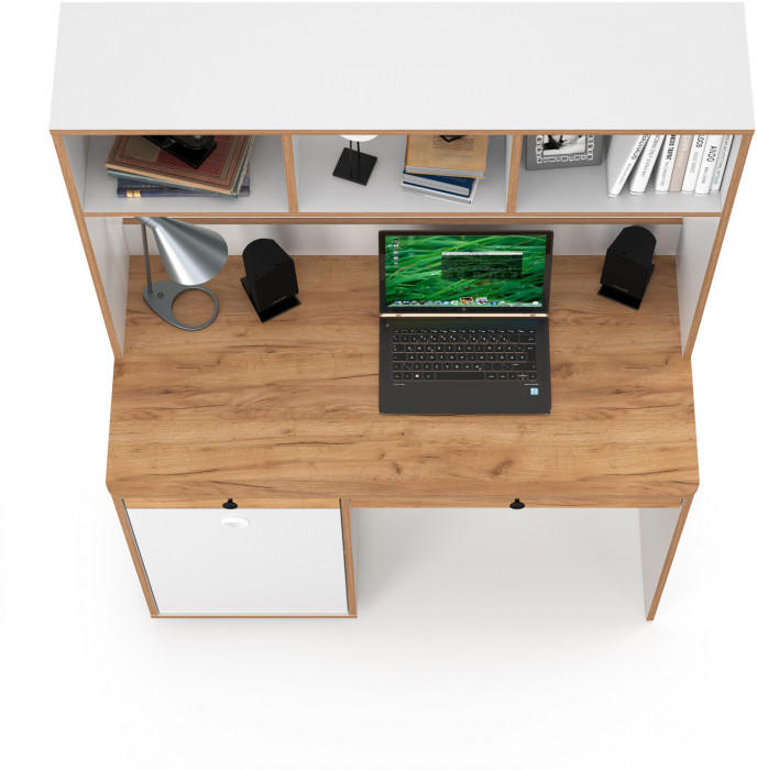 Вуди письменный стол 12.42 + Надстройка на стол 13.161, белый премиум/дуб крафт золотой