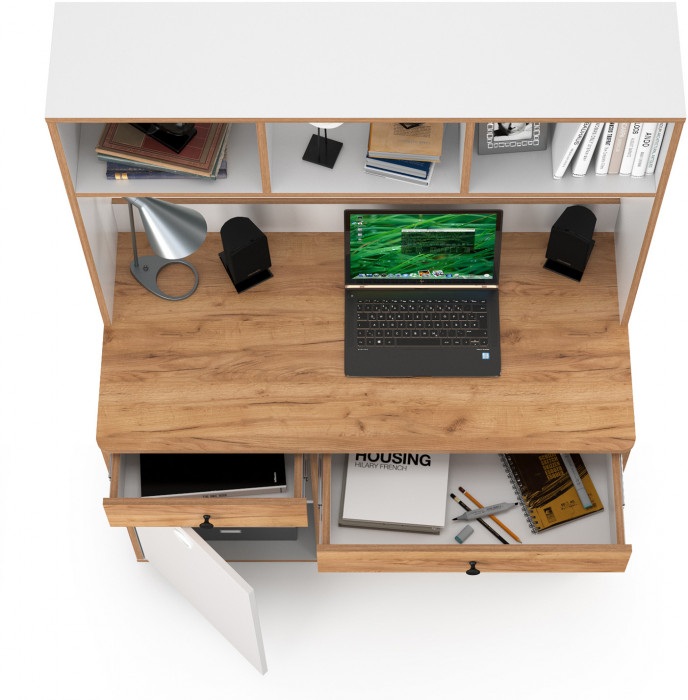 Вуди письменный стол 12.42 + Надстройка на стол 13.161, белый премиум/дуб крафт золотой