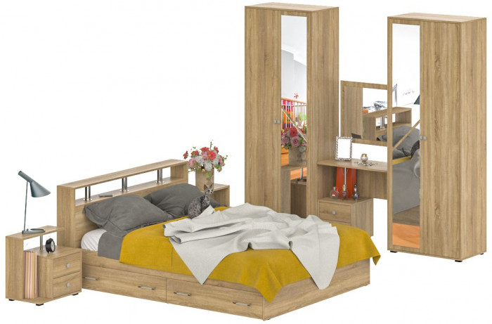 Камелия спальня № 9 Кровать с ящиками 1600 + Две тумбы + Стол космет. + Зеркало + Шкаф 4-х, дуб сонома