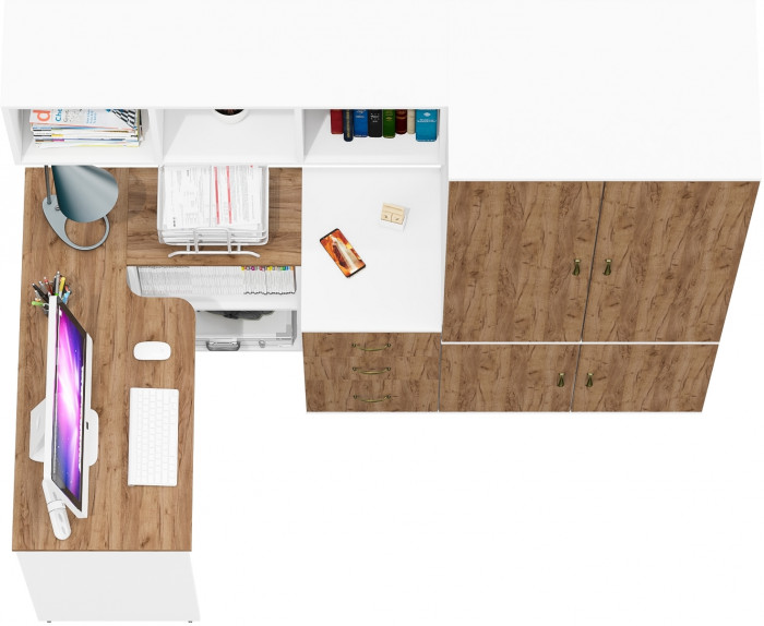 Лидер-8 Стол + Полка + Тумба МД 3.16 + Шкаф МД 19Б, белый шагрень/крафт золото