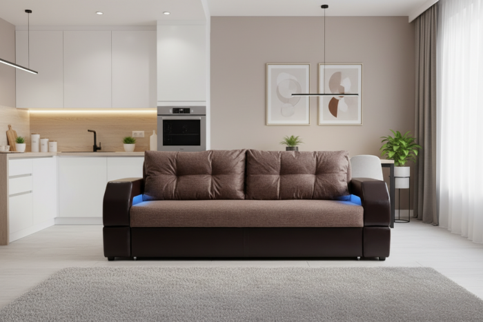 Диван-еврокнижка Манчестер 160х200, с подсветкой, велюр/экокожа коричневая