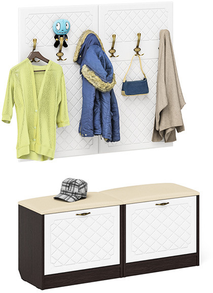 Прихожая П-6 Компоновка № 01, цвет венге/фасады МДФ белое дерево фрезеровка ромб, ШхГхВ 120х35х200 см.