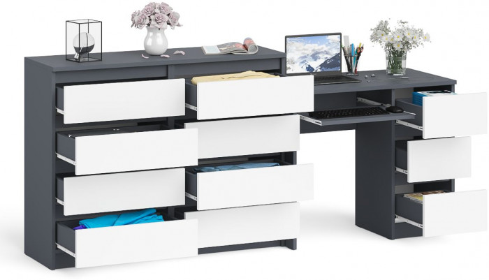 Мори Стол компьютерный МС-6 правый + Комод МК1200.8, цвет графит/белый, ШхГхВ 210,4х50х94 см., выдвижные ящики справа, НЕ универсальная сборка