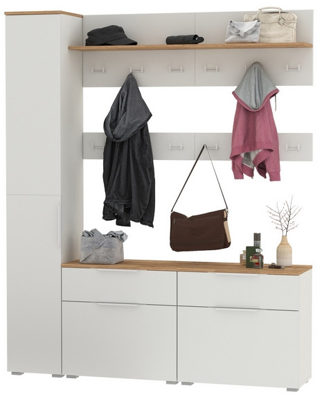 Октава Прихожая 34, цвет белый шагрень/дуб крафт золотой/фасады МДФ белый шагрень, ШхГхВ 162х35,4х197,6 см., универсальная сборка