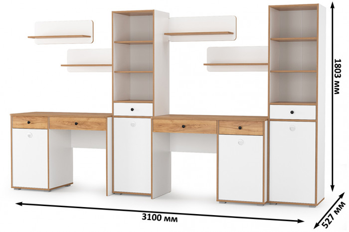Вуди Компоновка № 16, цвет белый премиум/дуб крафт золотой, ШхГхВ 310х52,7х180,3 см., универсальная сборка